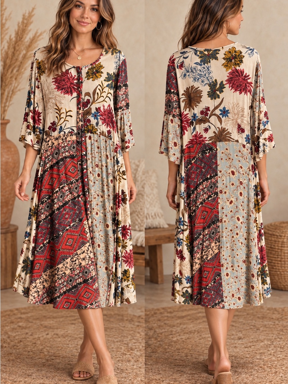 Umgee Multi Floral & Patchwork Midi Dress  (080890) 🍂 ☀️